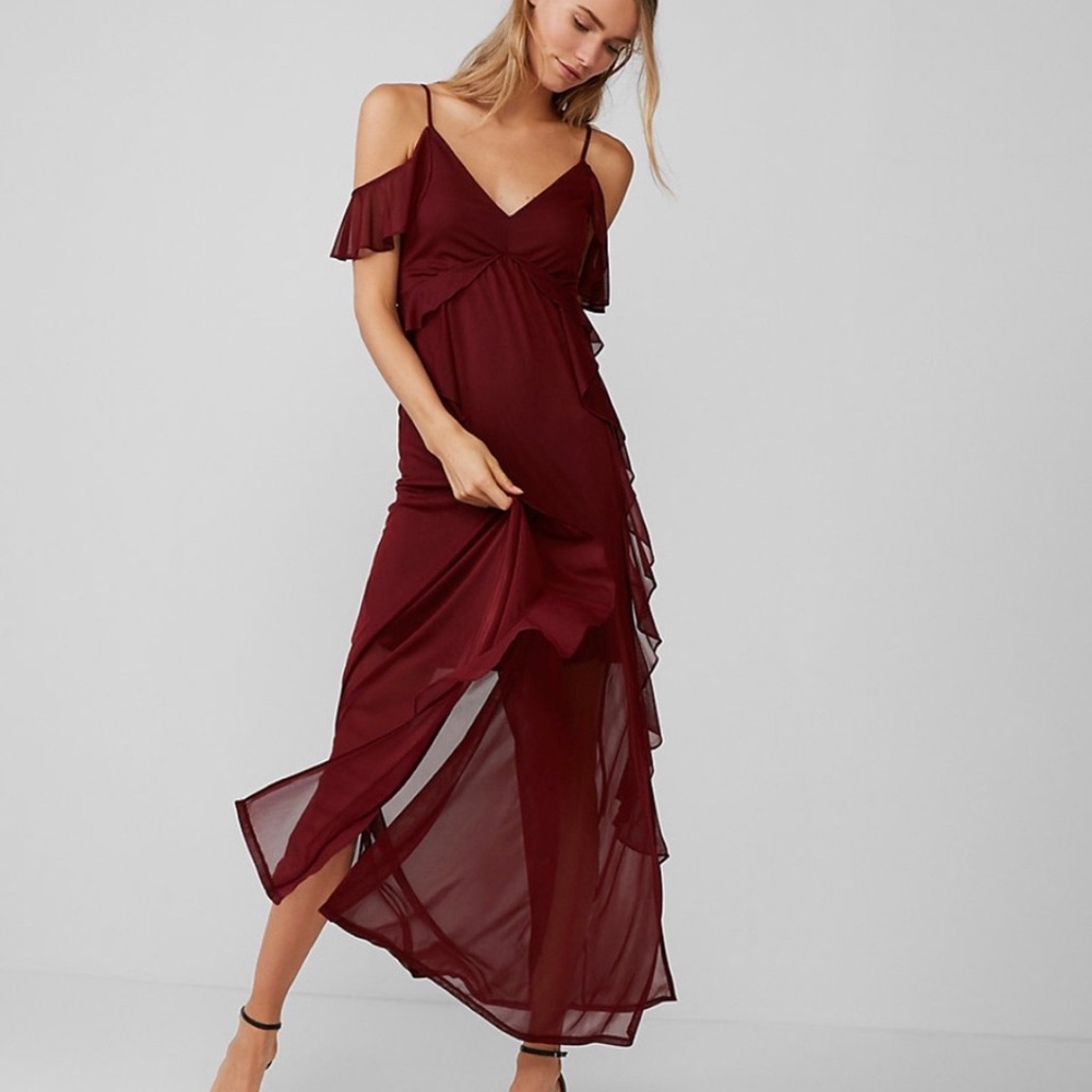 Express cold shoulder ruffle maxi dress